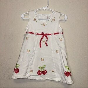 Sweet Heart Rose White Cherry Embroidered Dress with Red Ribbon